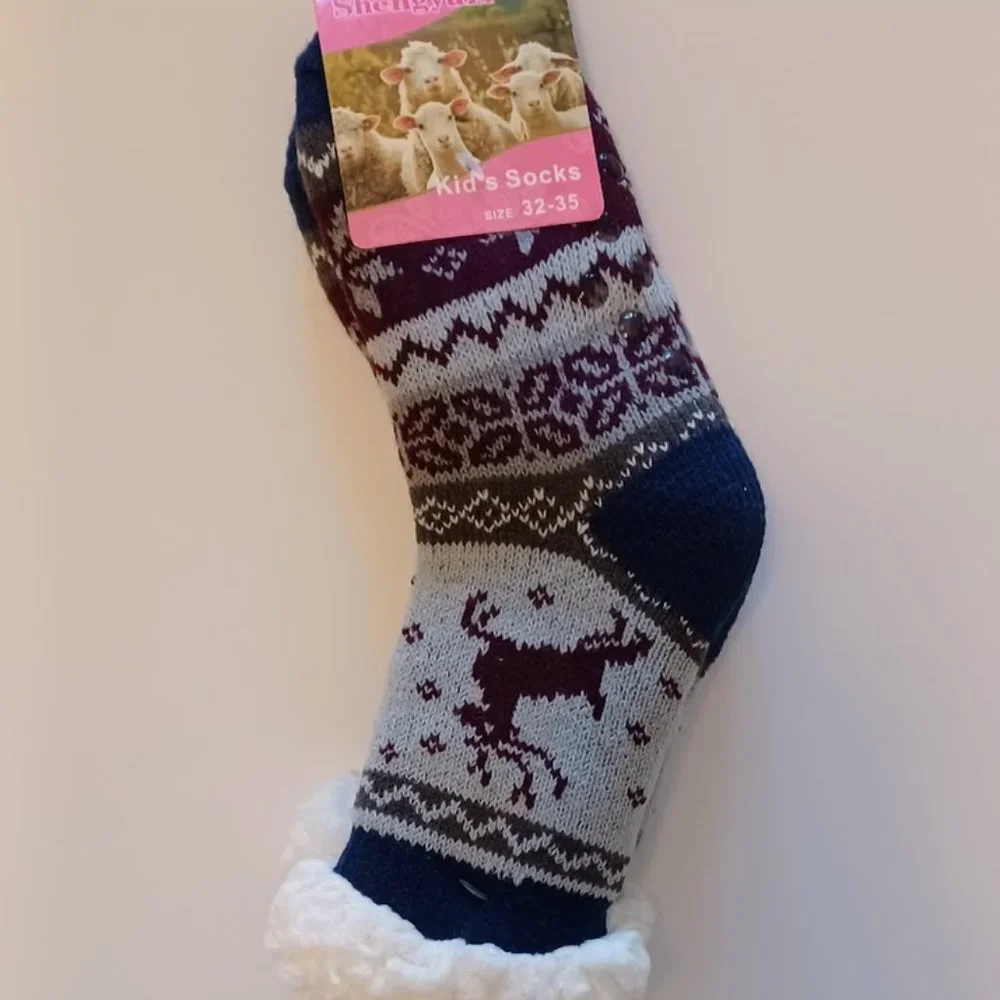 Shengyuzi Kids' Fluffy, Thick Socks - Reindeer Print, Navy, White, Gray NWT - Picture 2 of 4